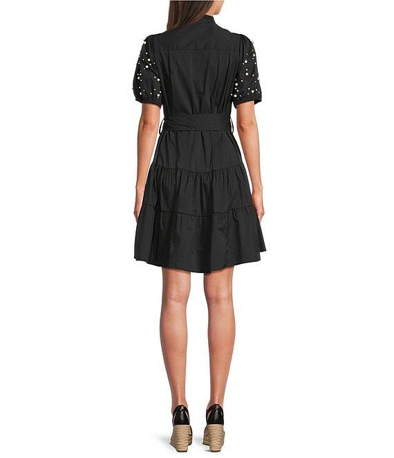 Calessa Short Pearl Sleeve Split V-Neck Tiered Dress Product Image