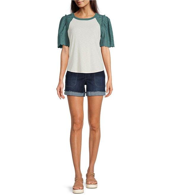 Democracy Mix-Media Scoop Neck Embroidered Elbow Puff Sleeve Top Product Image