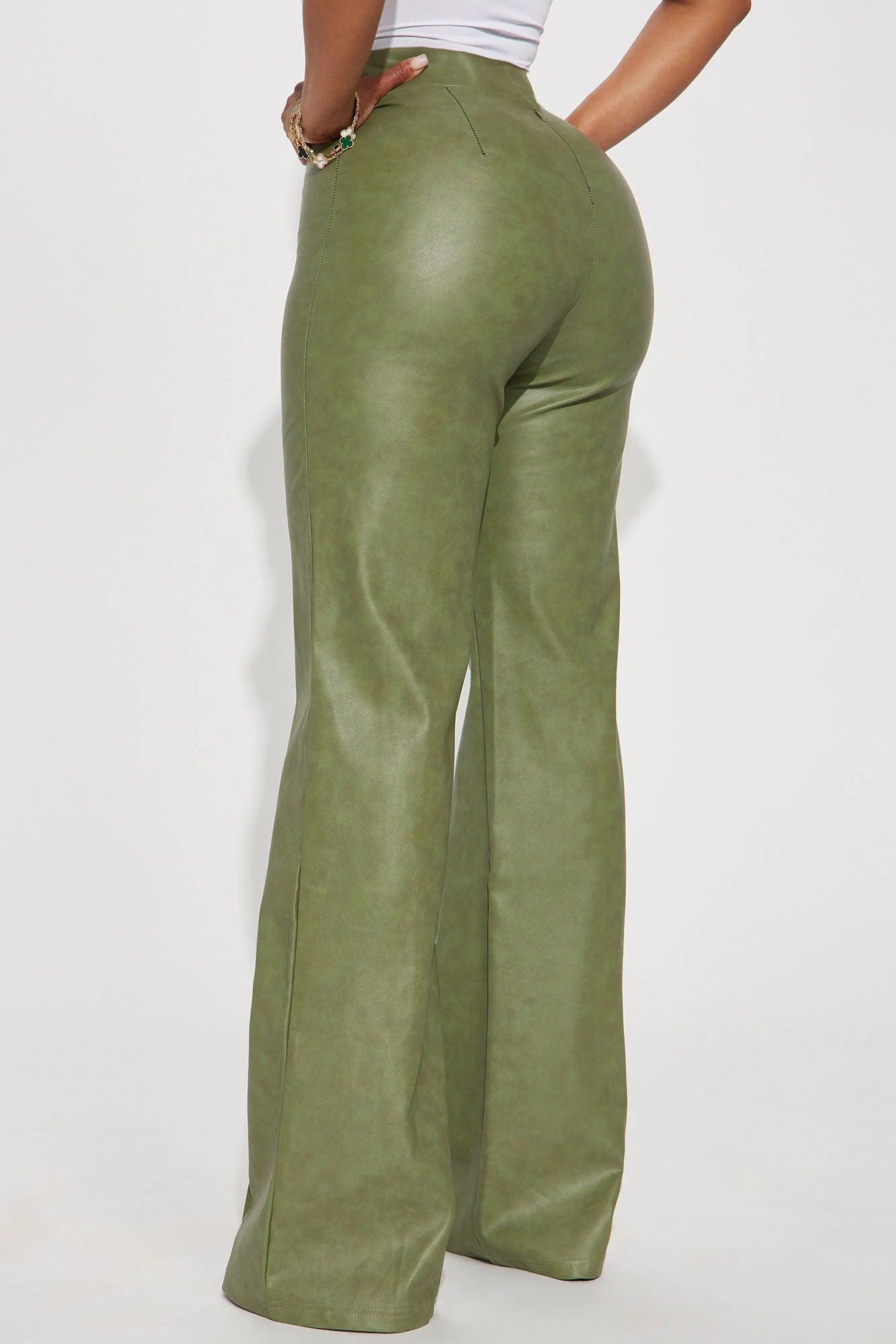 Victoria High Waisted Washed Faux Leather Dress Pants - Olive Product Image
