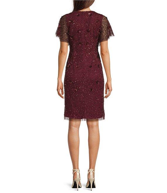 Adrianna Papell Beaded Flutter Sleeve Mesh Dress Product Image
