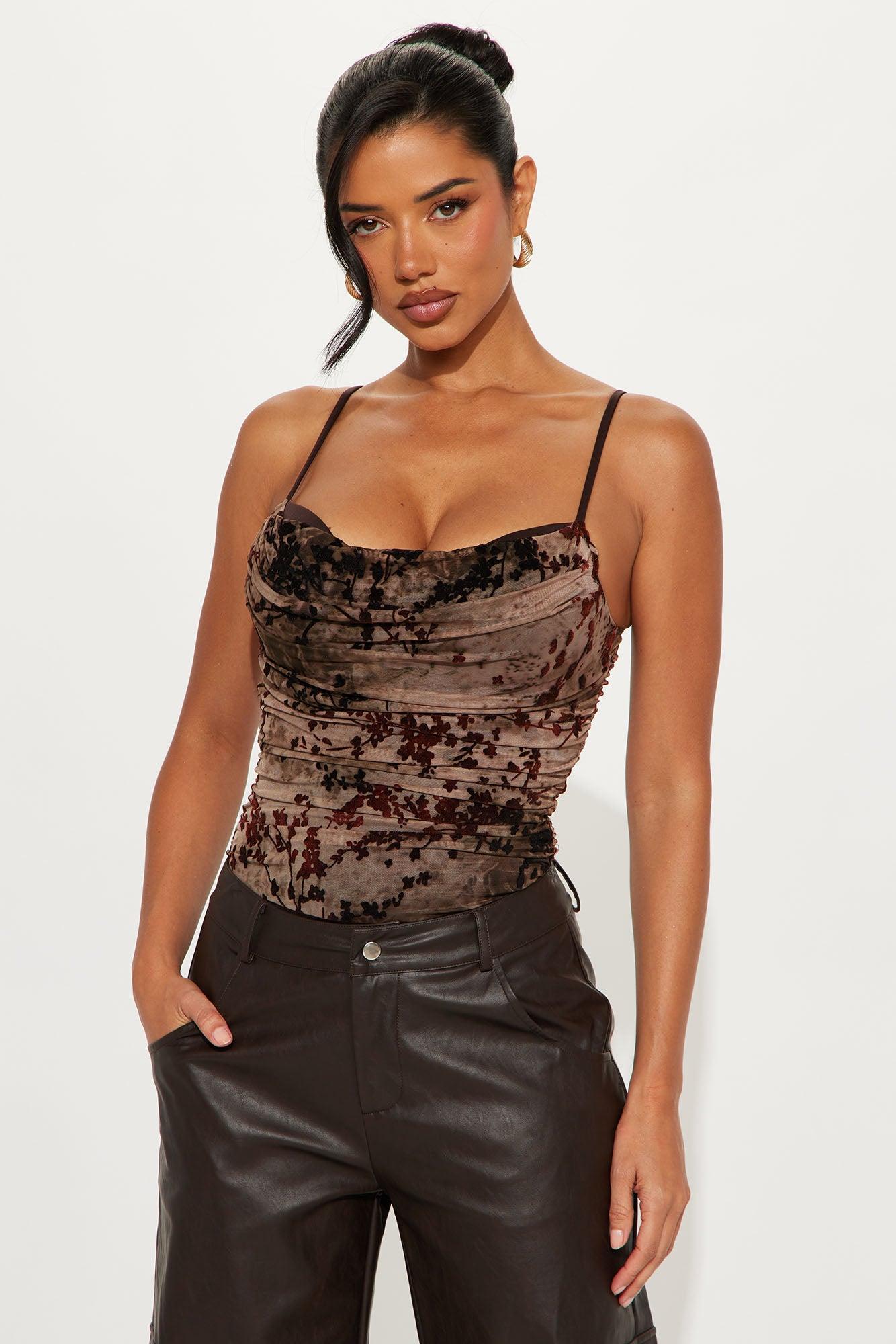 Halsey Cowl Neck Flocked Bodysuit - Brown/combo Product Image