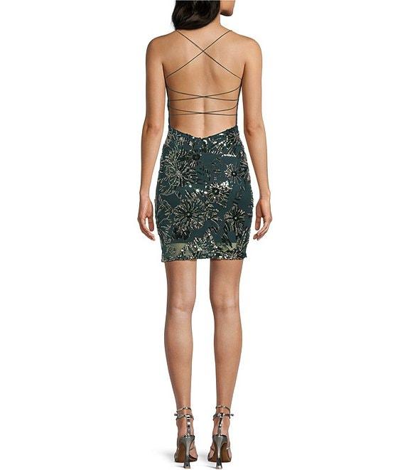 Midnight Doll Sequin Beaded Floral Printed Mesh Scoop Neck Mini Dress Product Image