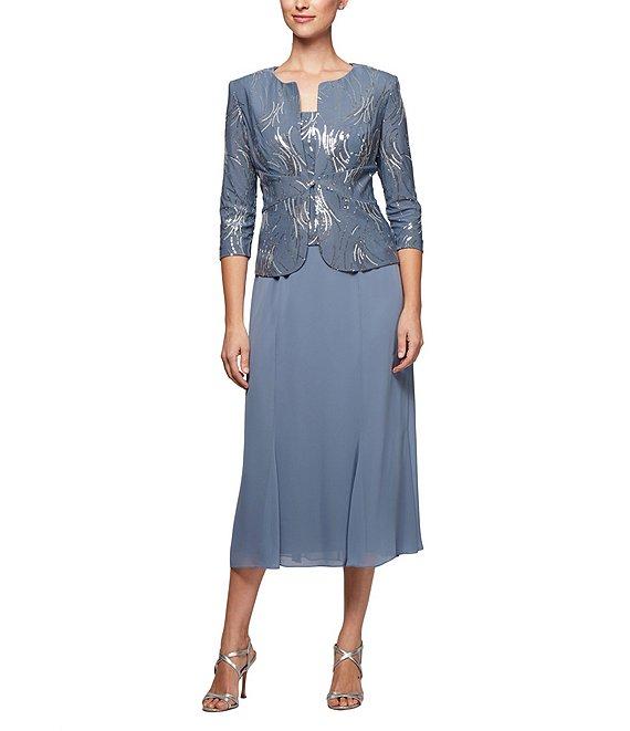Alex Evenings Square Neck 3/4 Sleeve Sequin Chiffon 2 Piece Jacket Dress Product Image