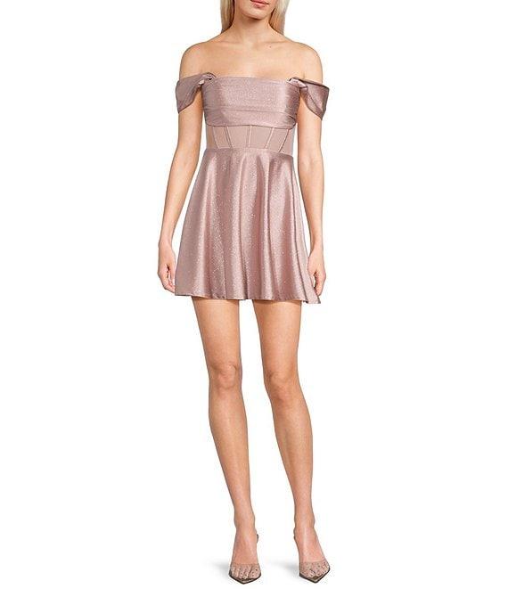 Honey and Rosie Glitter Knit Strapless Off-The-Shoulder Pleated Bodice Mesh Illusion Corset Dress Product Image