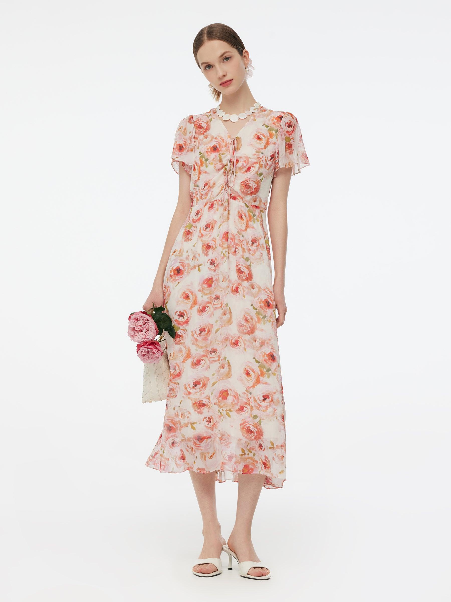 10MM Mulberry Silk Rose Print Smocked Drawstring Front Women Maxi Dres Product Image