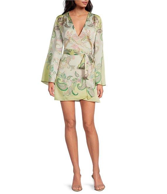 Gianni Bini Jenni Paisley Printed Satin V-Neck Long Sleeve Mini Wrap Dress Product Image