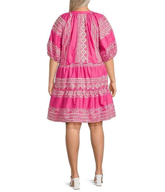 Calessa Plus Size Embroidered Split V-Neck Short Puff Sleeve Shift Dress Product Image