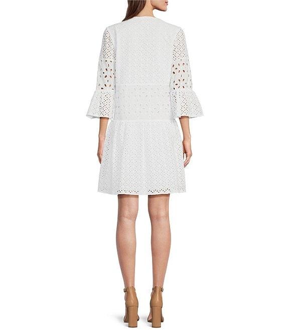 tyler boe Ingrid Eyelet Crew Neck Split V 3/4 Bell Sleeve Tiered Dress Product Image