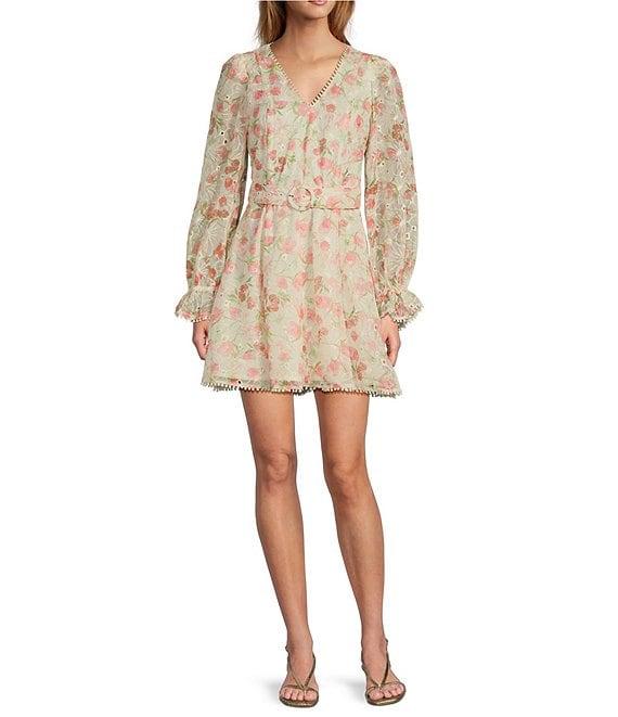 Lucy Paris Haisley Floral Print Eyelet V-Neckline Long Sleeve Dress Product Image