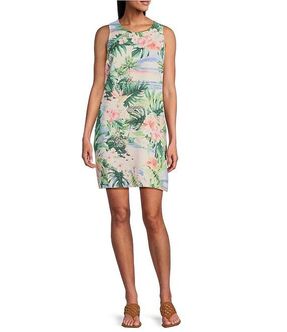 Tommy Bahama Ocean Vida Floral Printed Silk Round Neck Sleeveless Shift Dress Product Image