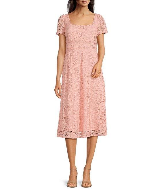 Anne Klein Lace Square Neck Short Puff Sleeve A-Line Midi Dress Product Image