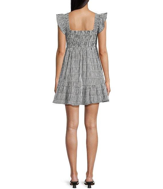Allison & Kelly Seersucker Gingham V-Neck Ruffled Empire Waist Tiered Babydoll Dress Product Image