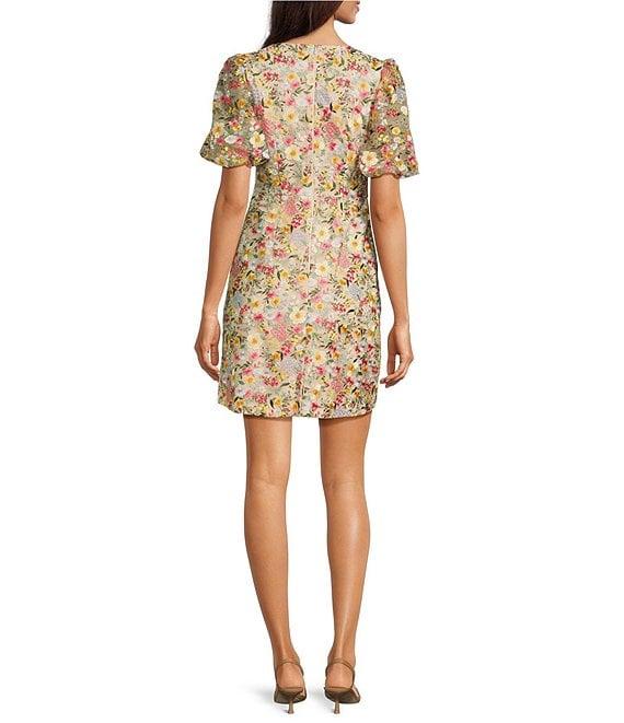 Eliza J Embroidered V-Neck Short Puff Sleeve Fit and Flare Dress Product Image