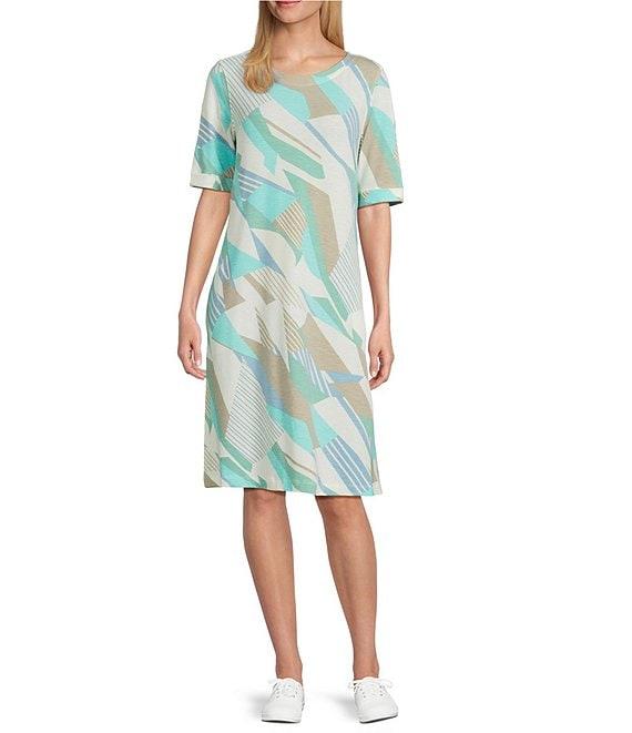 Multiples Slub Knit Abstract Multi Scoop Neck Elbow Sleeve Dress Product Image