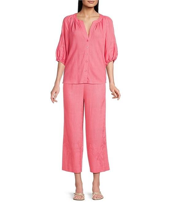 Investments Palm Tree Embroidery Pull-On Wide Leg Crop Coordinating Pants Product Image