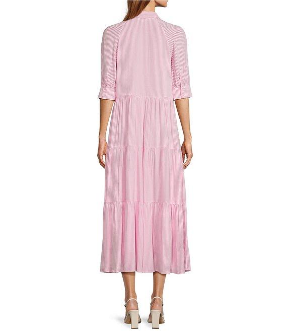 A Loves A Pinstripe Print Button Point Collar 3/4 Blouson Cuff Sleeve Tiered Waistless Midi Shirt Dress Product Image