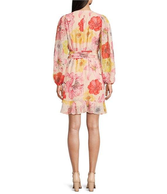 Alex Marie Laurel Floral Print Crinkle Chiffon Long Sleeve Surplice V-Neck A-Line Dress Product Image