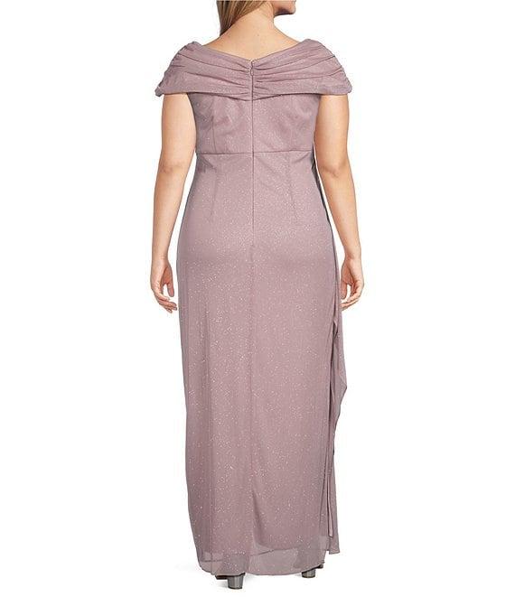 Alex Evenings Plus Size Embellished Ruched Portrait Neck Cap Sleeve Glitter Mesh Sheath Dress Product Image