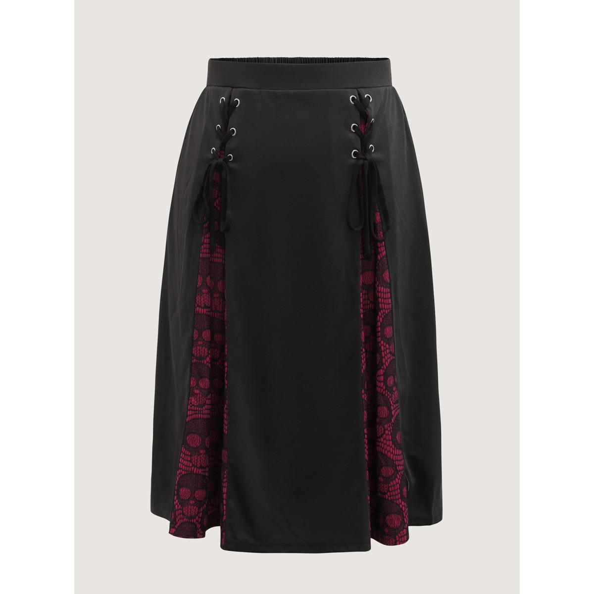 Plus Size Skull Mesh Panel Cross-Tie Maxi Skirt Women Black Romantic Cross straps Bodycon Low stretch Slanted pocket Elegant Skirts BloomChic 14-16/1X Product Image