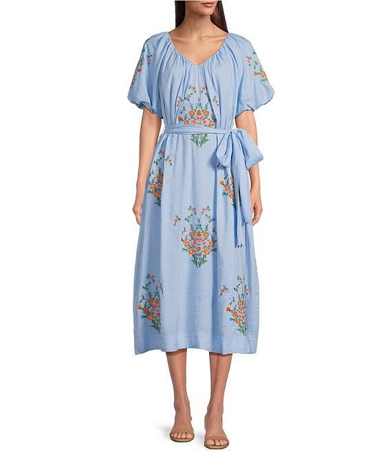 J.Marie Astrid V-Neck Puff Sleeve Embroidered Tie Midi A-Line Dress Product Image