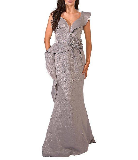 Terani Couture V-Neck Asymmetrical Sleeve Beaded Waist Side Peplum Gown Product Image