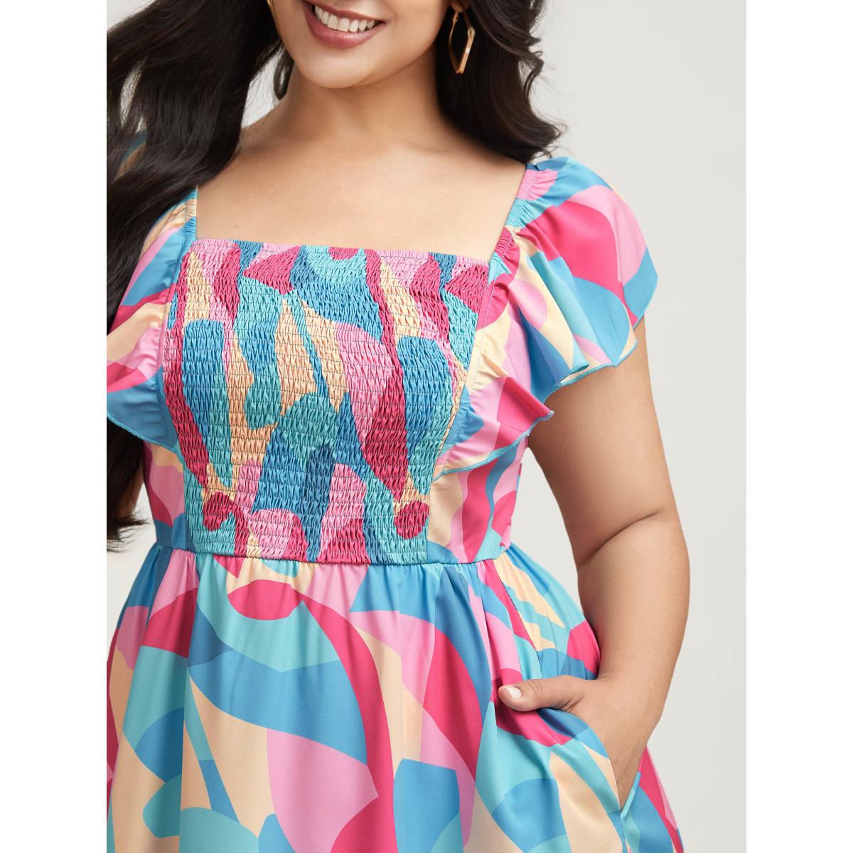 Plus Size Flutter Sleeve Color Block Shirred Stretchy Midi Dress Multicolor Women Casual Shirred Square Neck Cap Sleeve Curvy BloomChic 14-16/1X Product Image