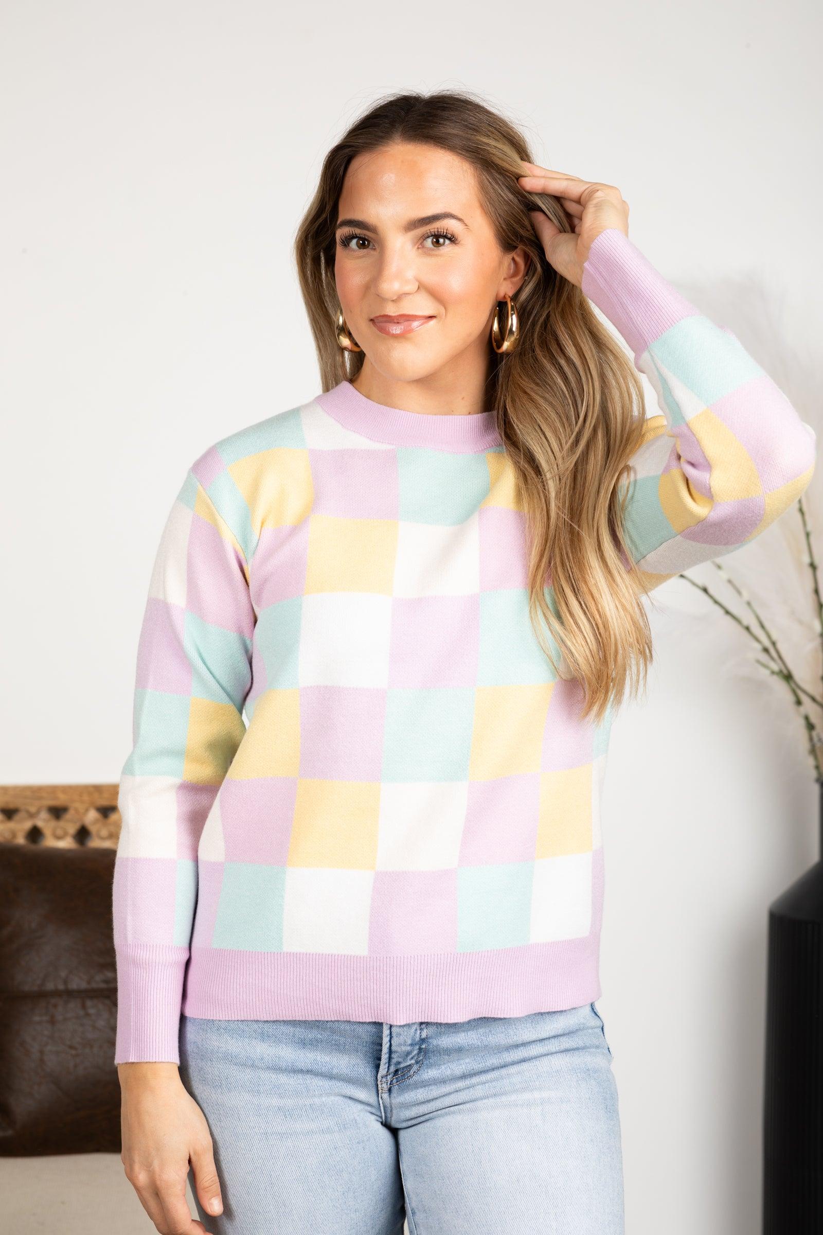 Multi Colored Checkerboard Print Knit Top Product Image