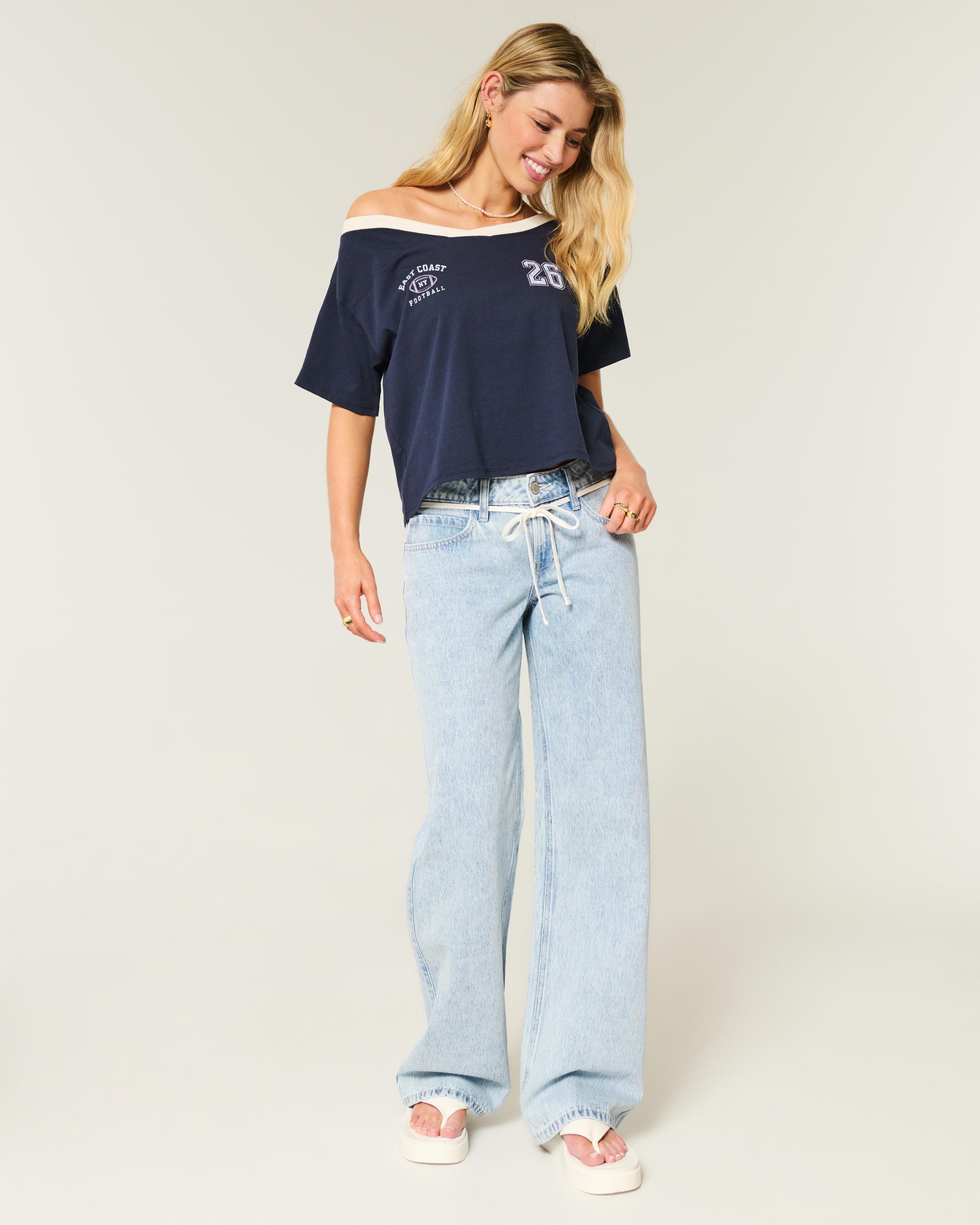 Oversized Off-the-Shoulder Varsity Floral Graphic Tee Product Image