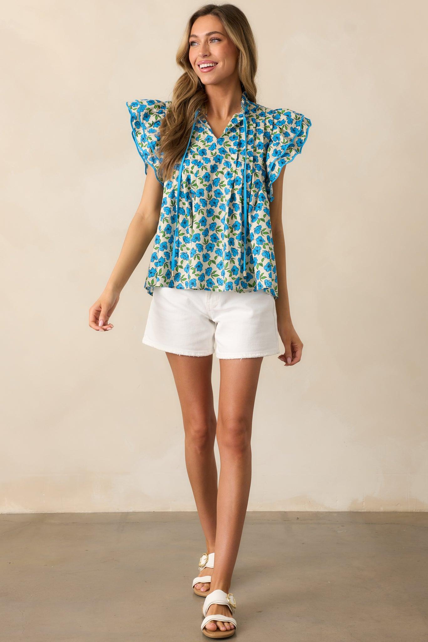 Window Shopping Blue Floral Cotton Flutter Sleeve Top Product Image