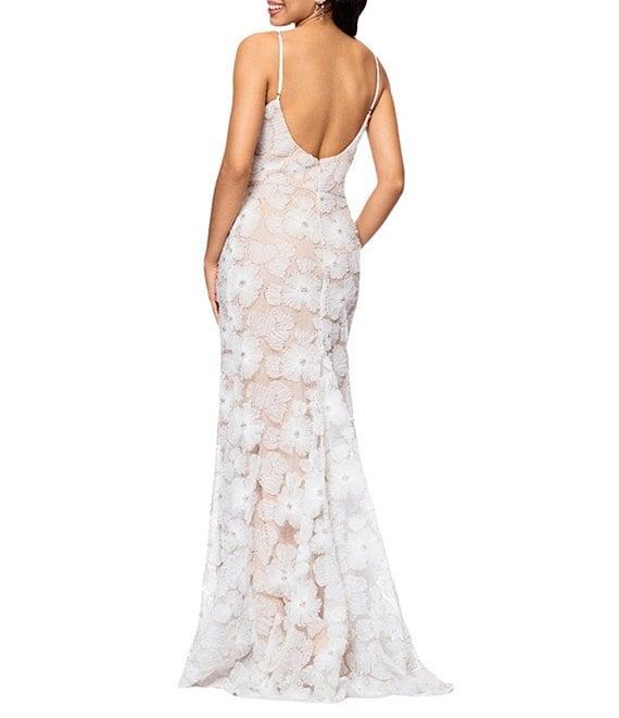 Betsy & Adam Soutache Embroidered Beaded Floral Print V Neck Sleeveless Mermaid Gown Product Image