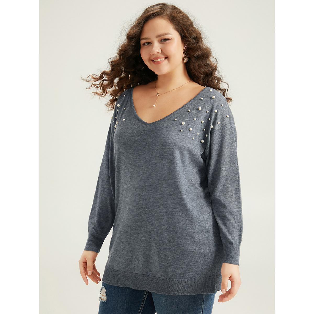 Plus Size Supersoft Essentials Heather Pearl Beaded V Neck Pullover SlateGray Women Casual Loose Long Sleeve V-neck Dailywear Pullovers BloomChic 22-24/3X Product Image