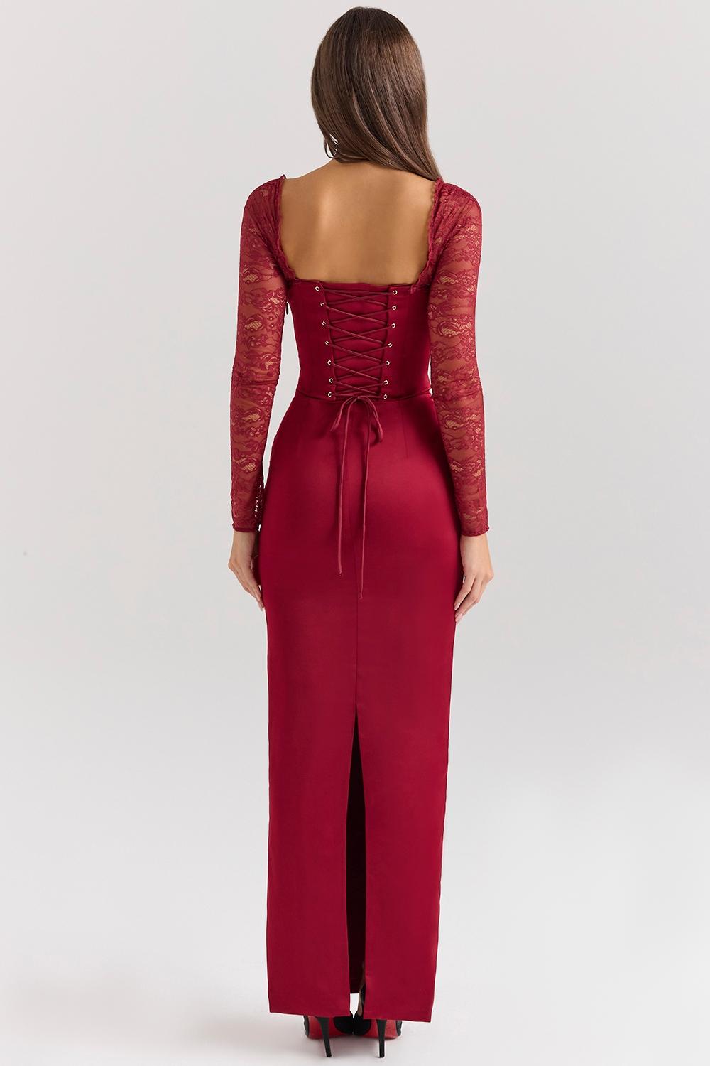 Perdi  berry satin maxi dress with corset Product Image