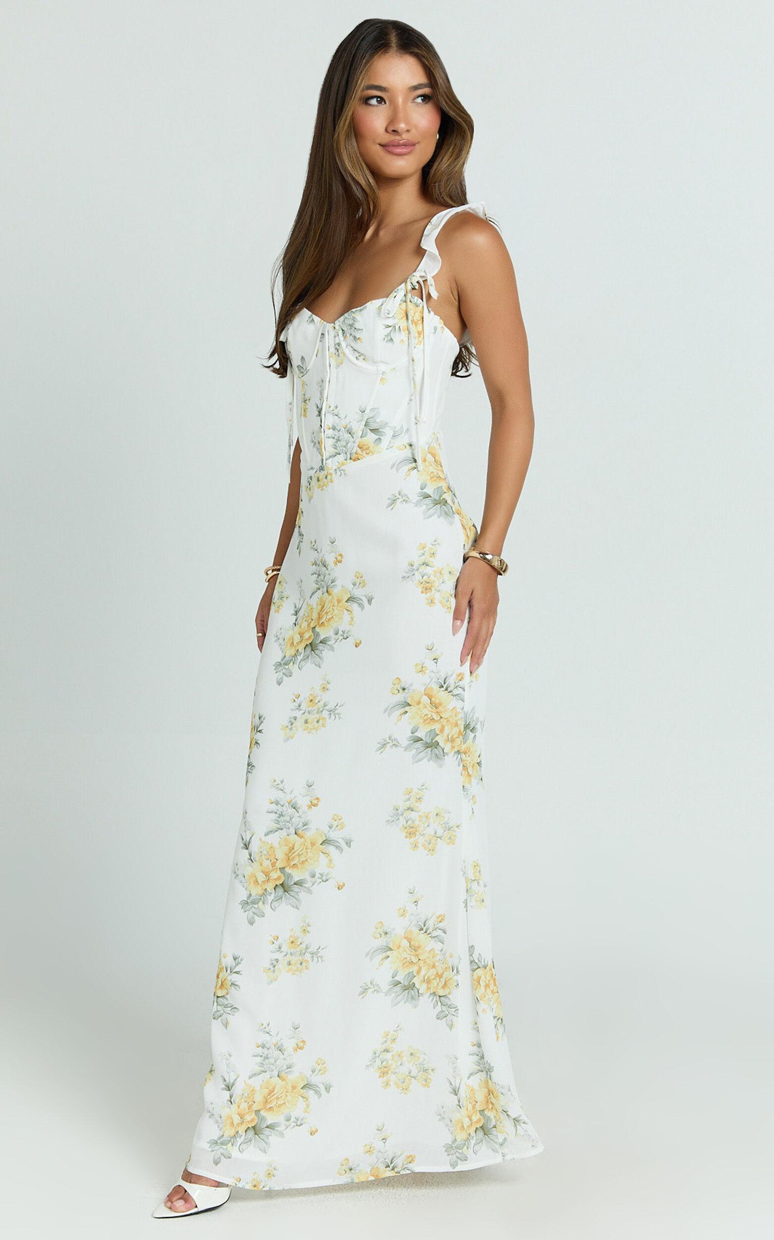 Mabel Maxi Dress - Georgette Frill Sleeve Sweetheart Bias Cut Dress in Antique Florals Product Image