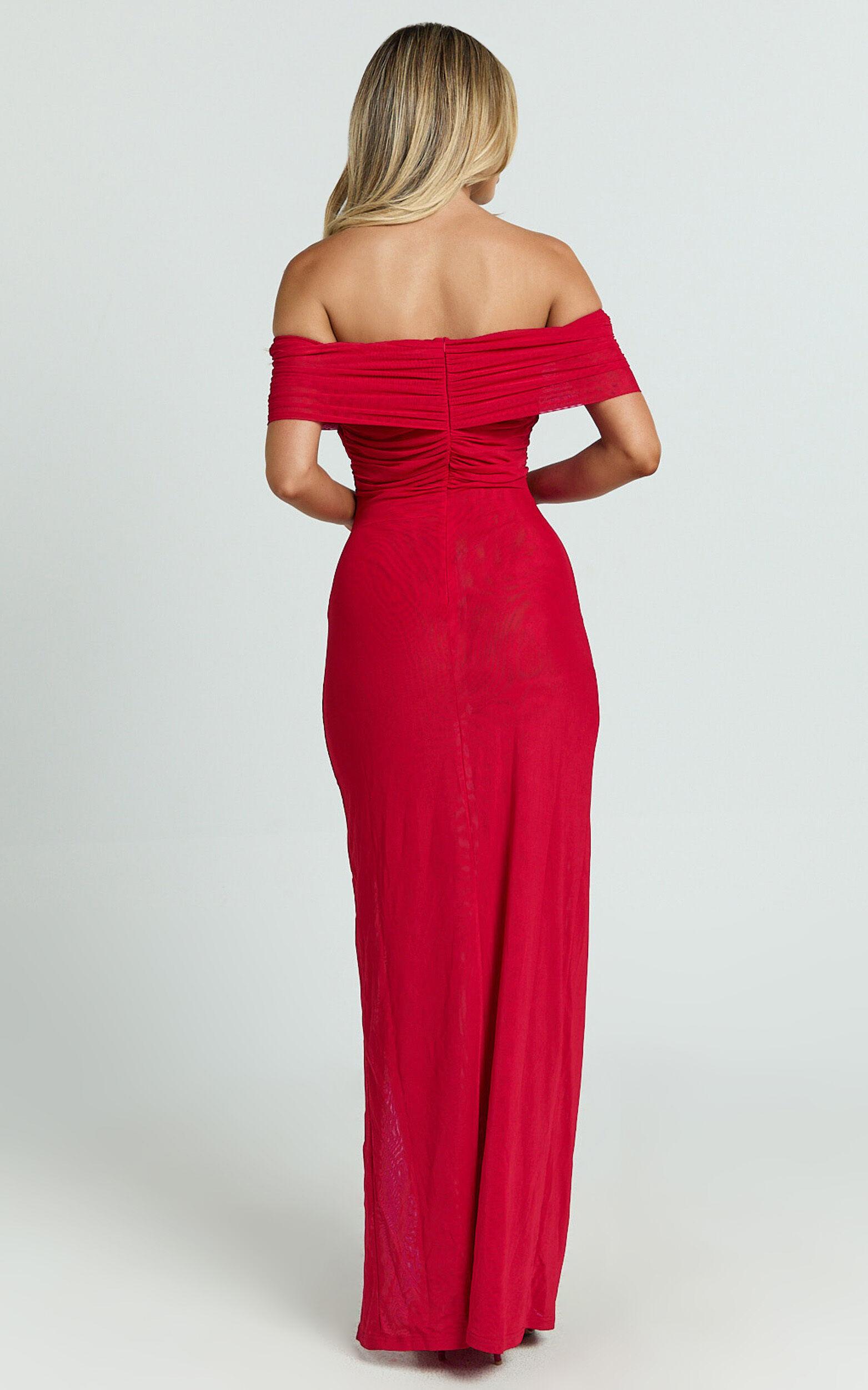 Alessia Maxi Dress - Off Shoulder Ruched Bodycon Dress in Red Product Image