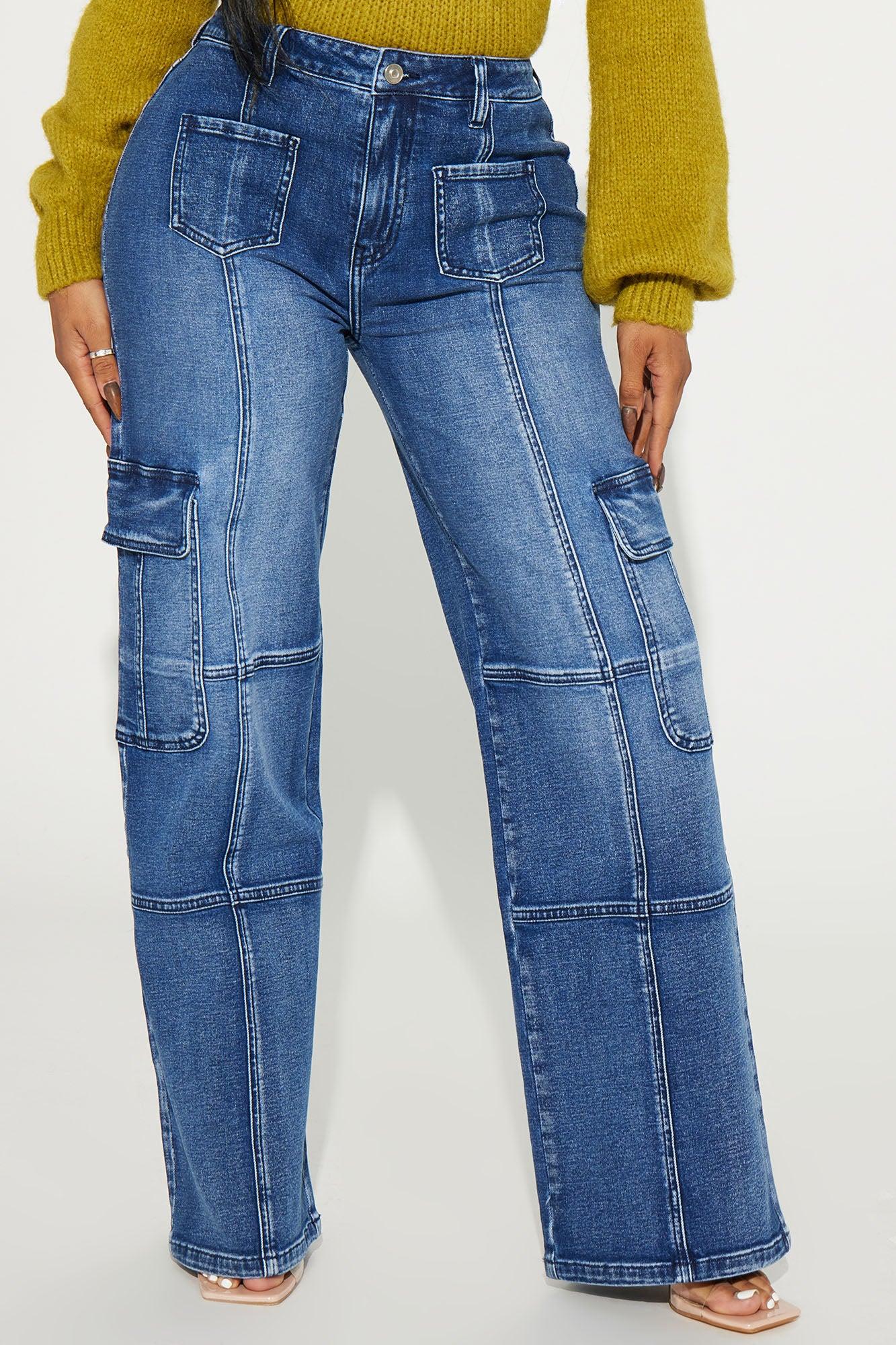 Never Stop Low Stretch Cargo Straight Leg Jeans - Dark Wash Product Image