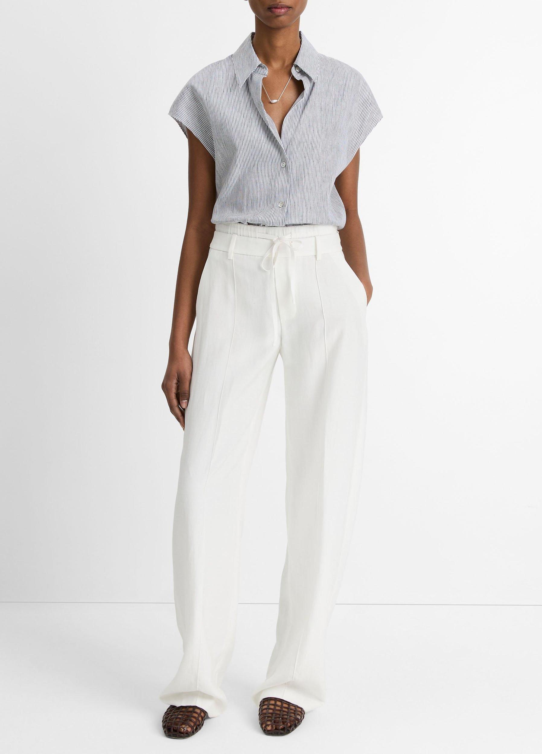 Ticking Stripe Linen-Cotton Cap-Sleeve Blouse Product Image