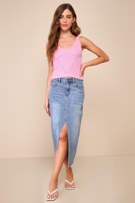 Flirty Poise Pink V-Neck Pointelle Sweater Knit Tank Top Product Image