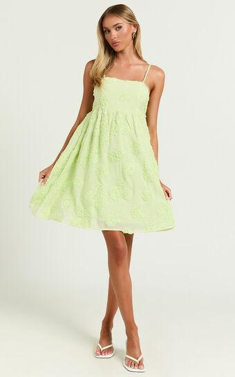 Claya Mini Dress - Sleeveless Straight Neckline Floral Detail Dress in Lime Product Image