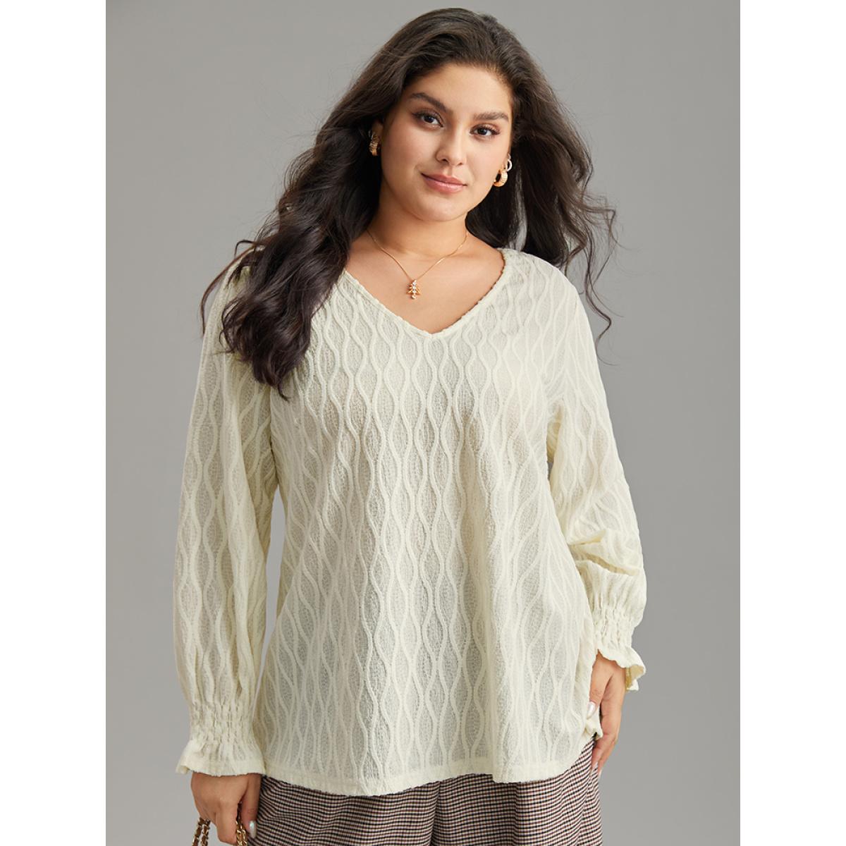 Plus Size Beige V Neck Solid Textured Shirred Blouse Women Office Long Sleeve V-neck Office Blouses BloomChic 30/6X Product Image
