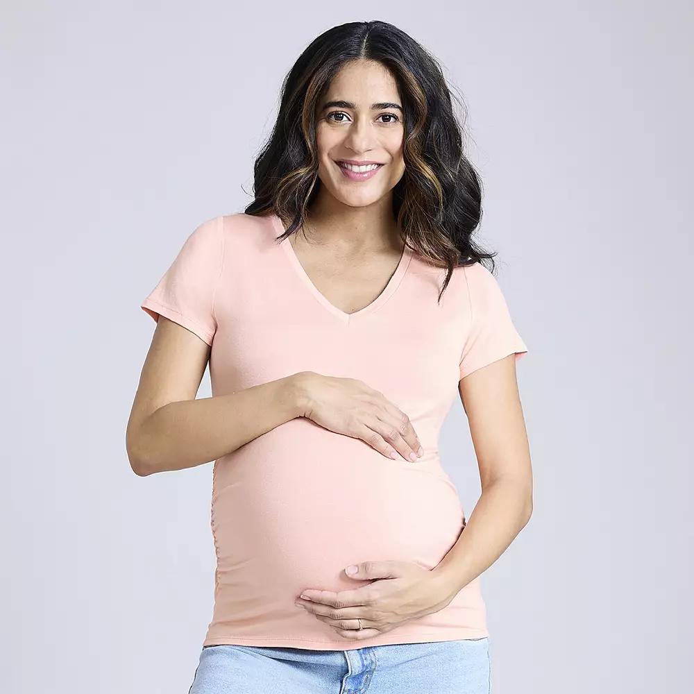 Maternity Motherhood® Side Ruched V-Neck Tee, Women's, Size: Medium-Mat, Pink Product Image