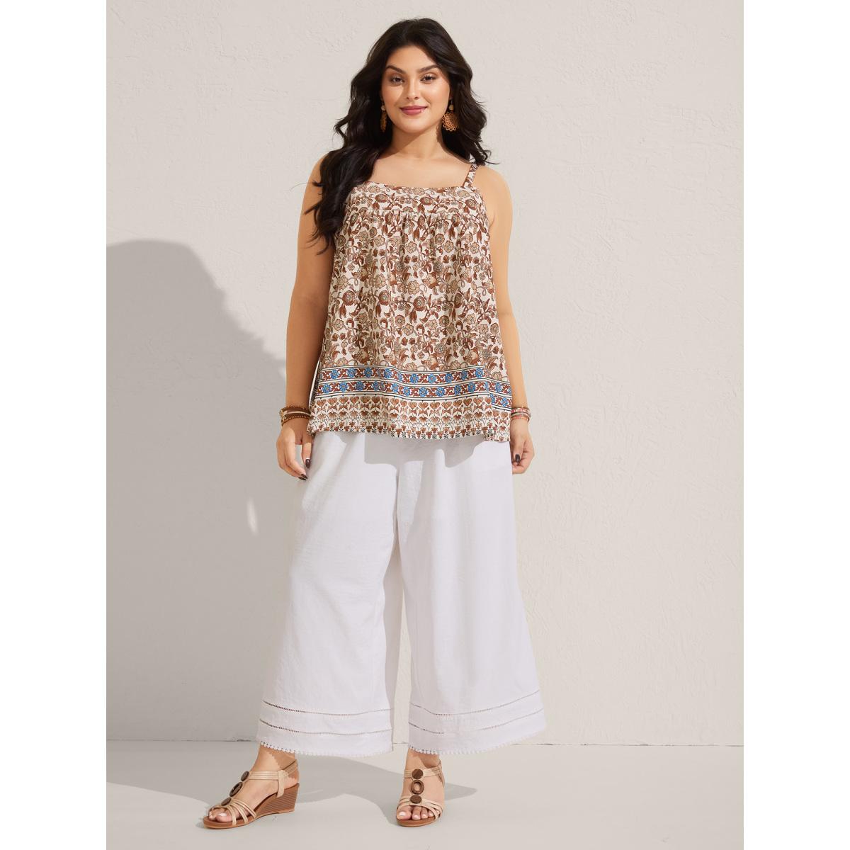 Plus Size Boho Print Pleated Tank Top Women Yellowishbrown Boho Gathered Non Vacation Tank Tops Camis BloomChic 18-20/2X Product Image