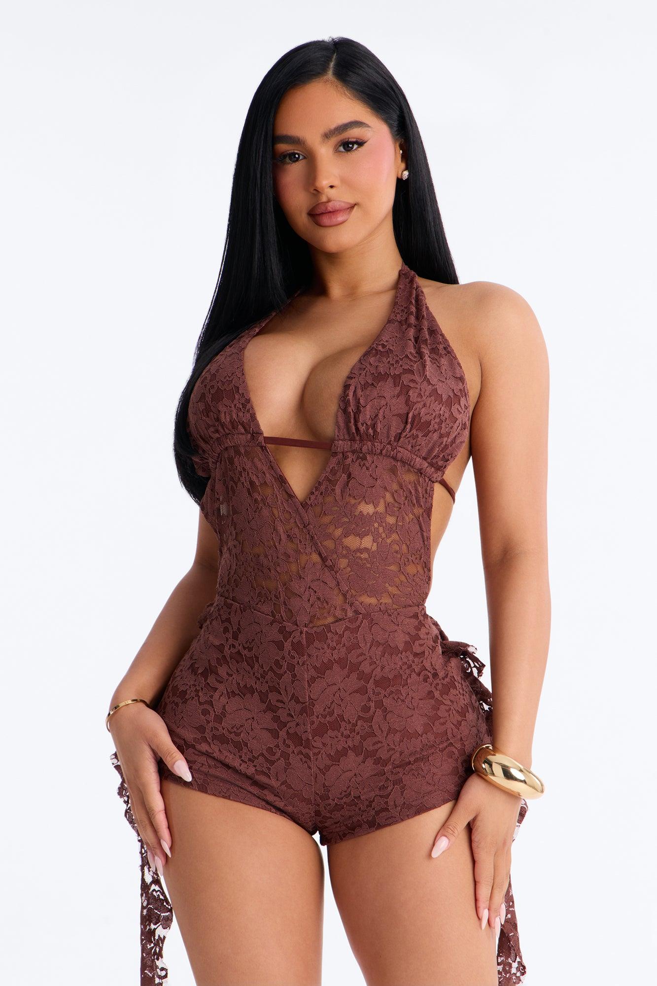 Viridiana Lace Romper - Chocolate Female Product Image