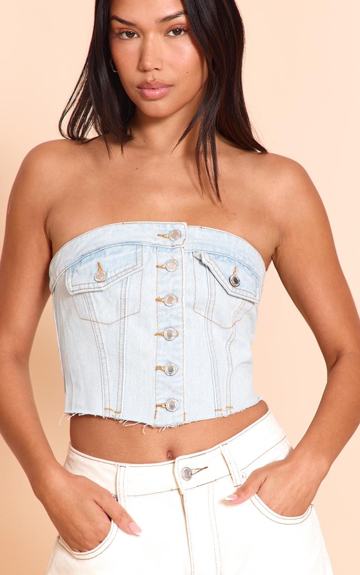 Light Blue Wash Pocket Detail Cropped Denim Corset Top Product Image