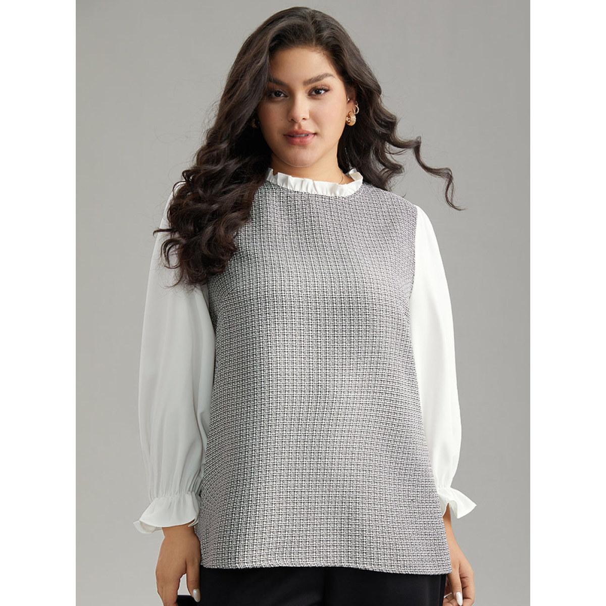 Plus Size White Gingham Ruffles Patchwork Frill Trim Blouse Women Office Long Sleeve Stand-up collar Office Blouses BloomChic 12/L Product Image