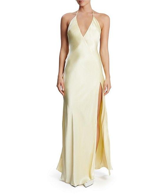 Bardot Yve Satin Halter V Neck Sleeveless Slip Maxi Dress Product Image