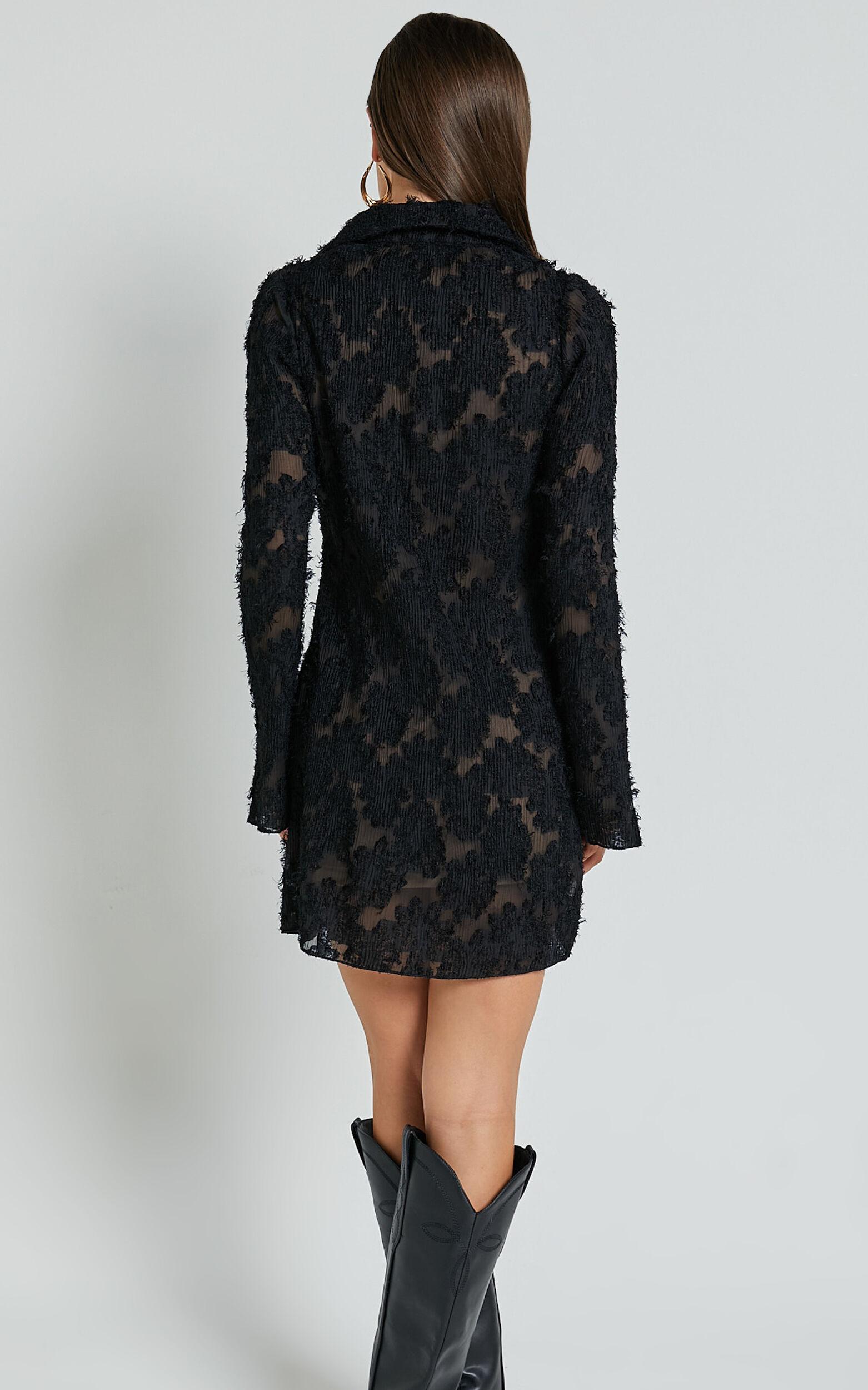 Ava Mini Dress - Long Sleeve Fitted Clipped Jacquard Dress in Black Product Image