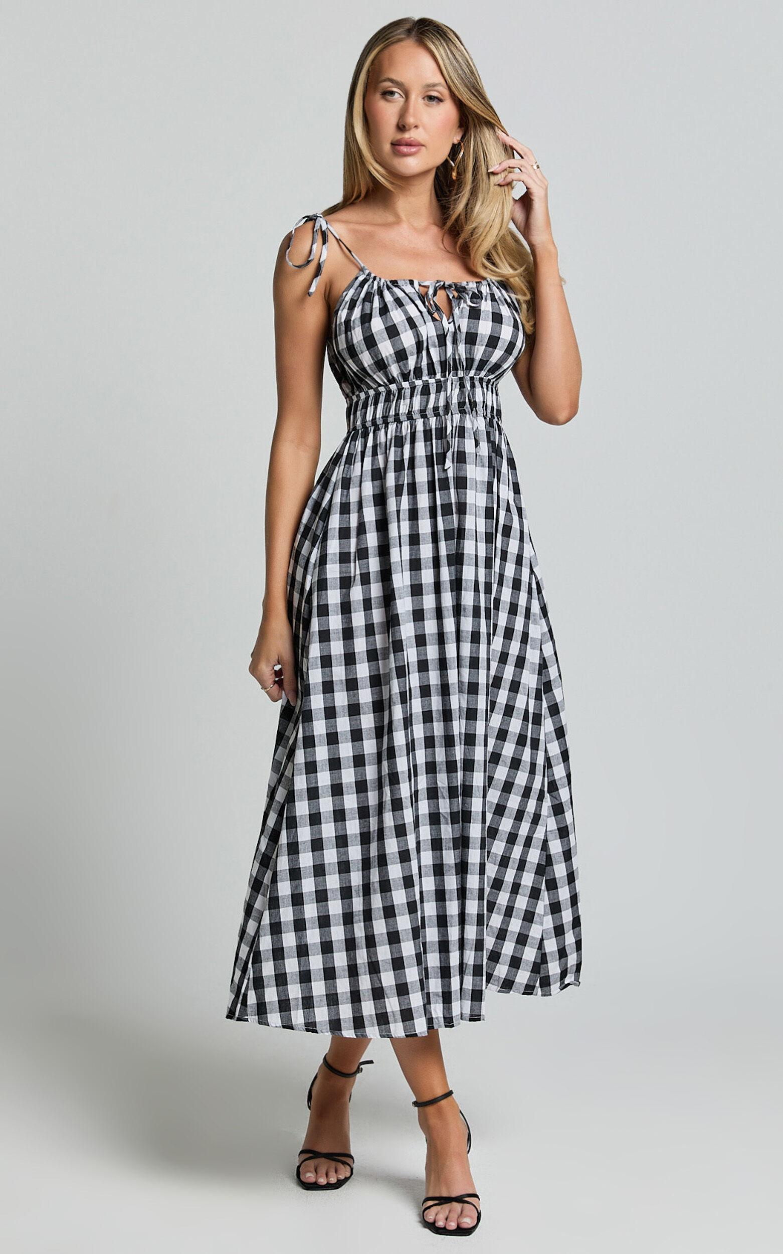 Vela Midi Dress - Strappy Tie Shoulder Elasticated Waist Dress in Black and White Gingham Product Image