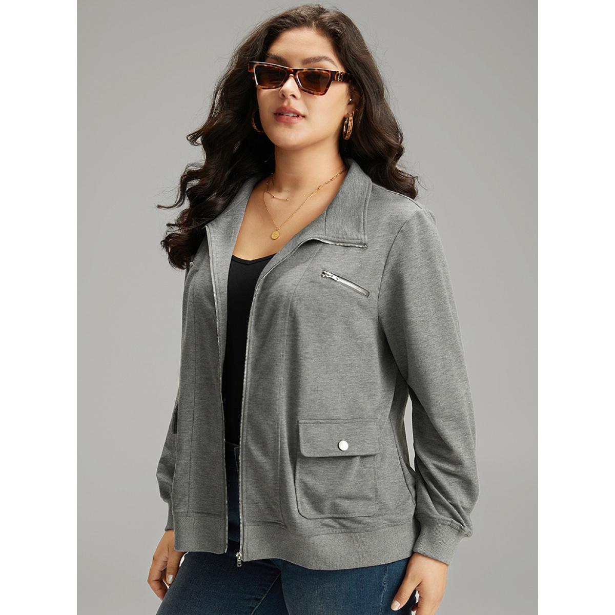 Plus Size Solid Zipper Pocket Jacket Women Gray Plain Pocket Everyday Jackets BloomChic 26/4X Product Image