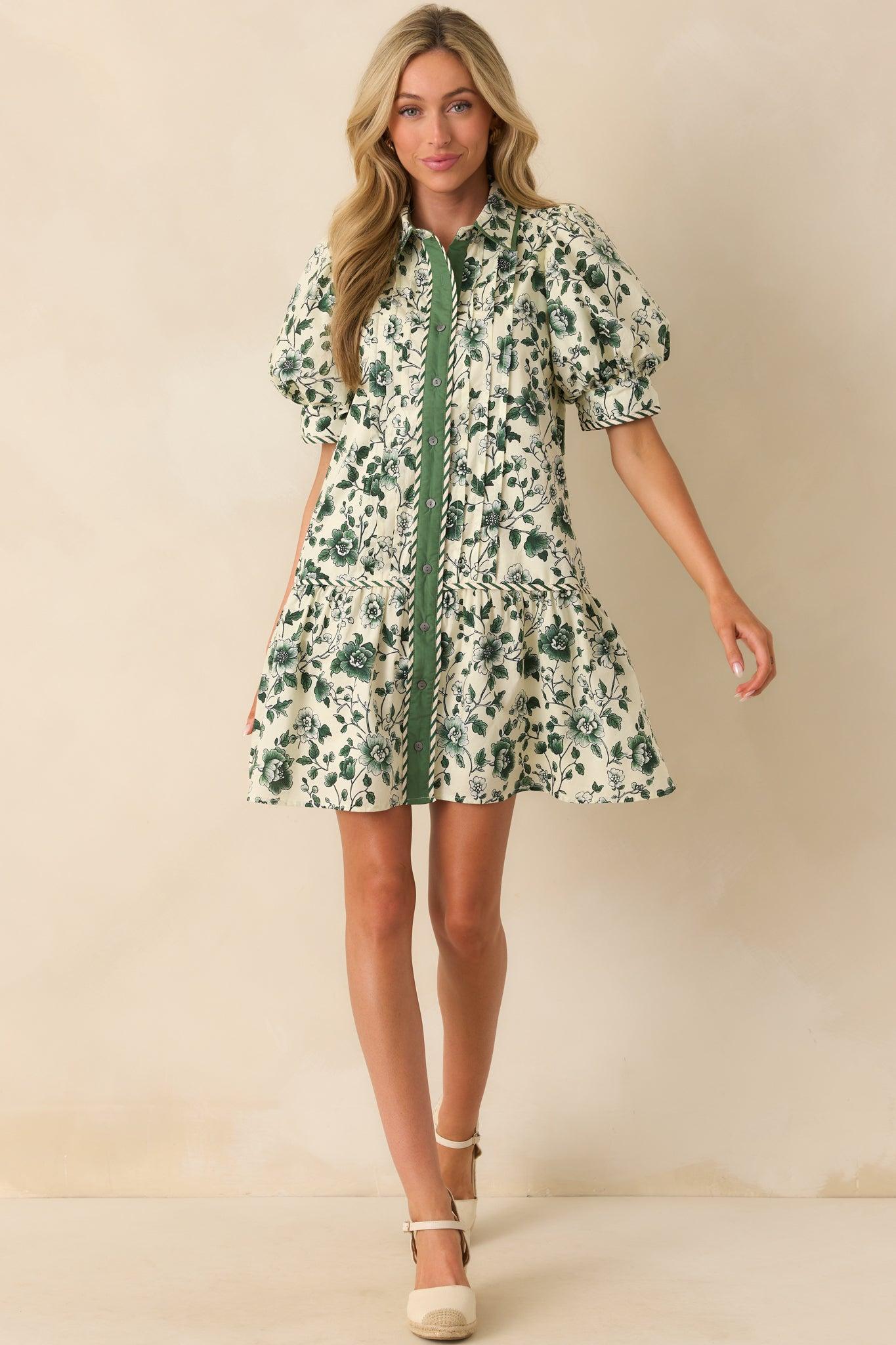 As It Happens Green Floral Print Cotton Puff Sleeve Mini Dress Product Image