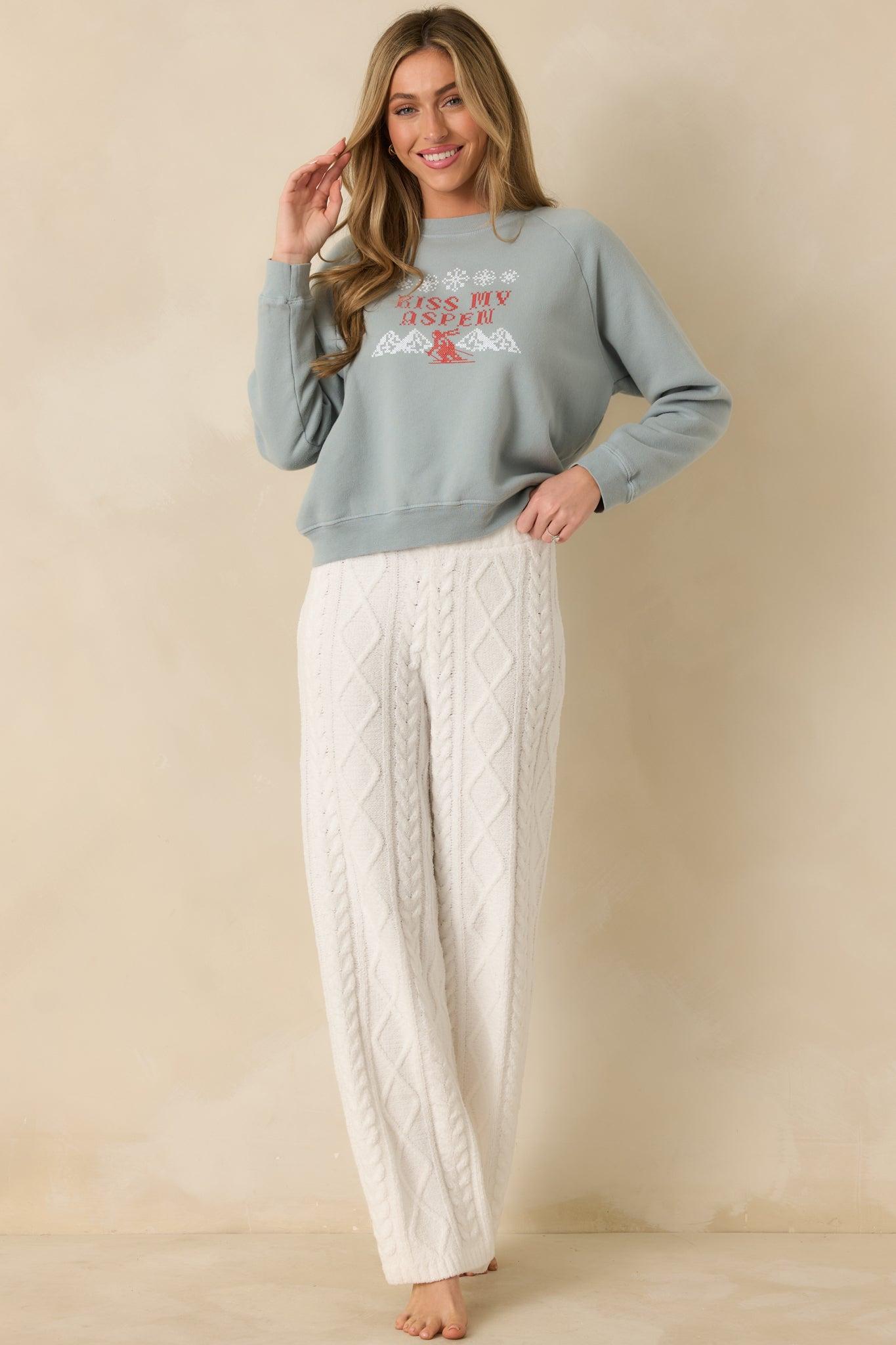 Kiss My Aspen Slate Blue Crewneck Ski Sweatshirt Product Image